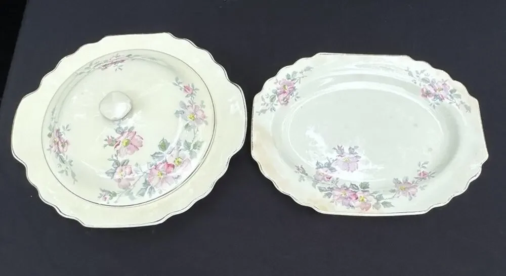 2 Vintage WS George LIDO Canarytone Pink Floral Bowls Serving Dishes -A84